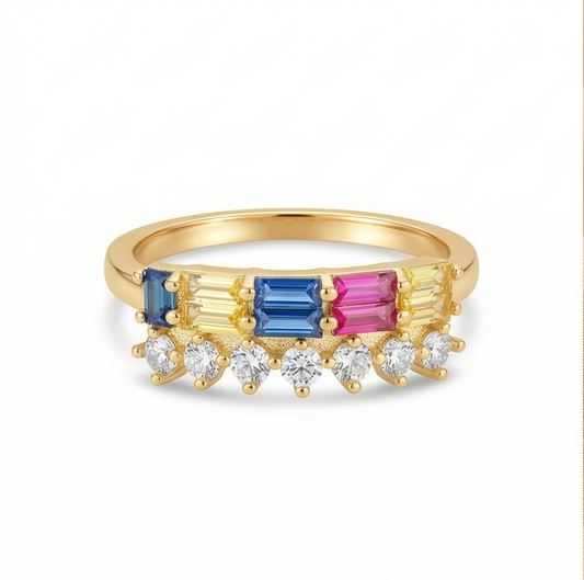 925 Sterling Silver Multi-Color Double Row Band Ring Yellow Gold Finish Jewellery for Women | Size 7