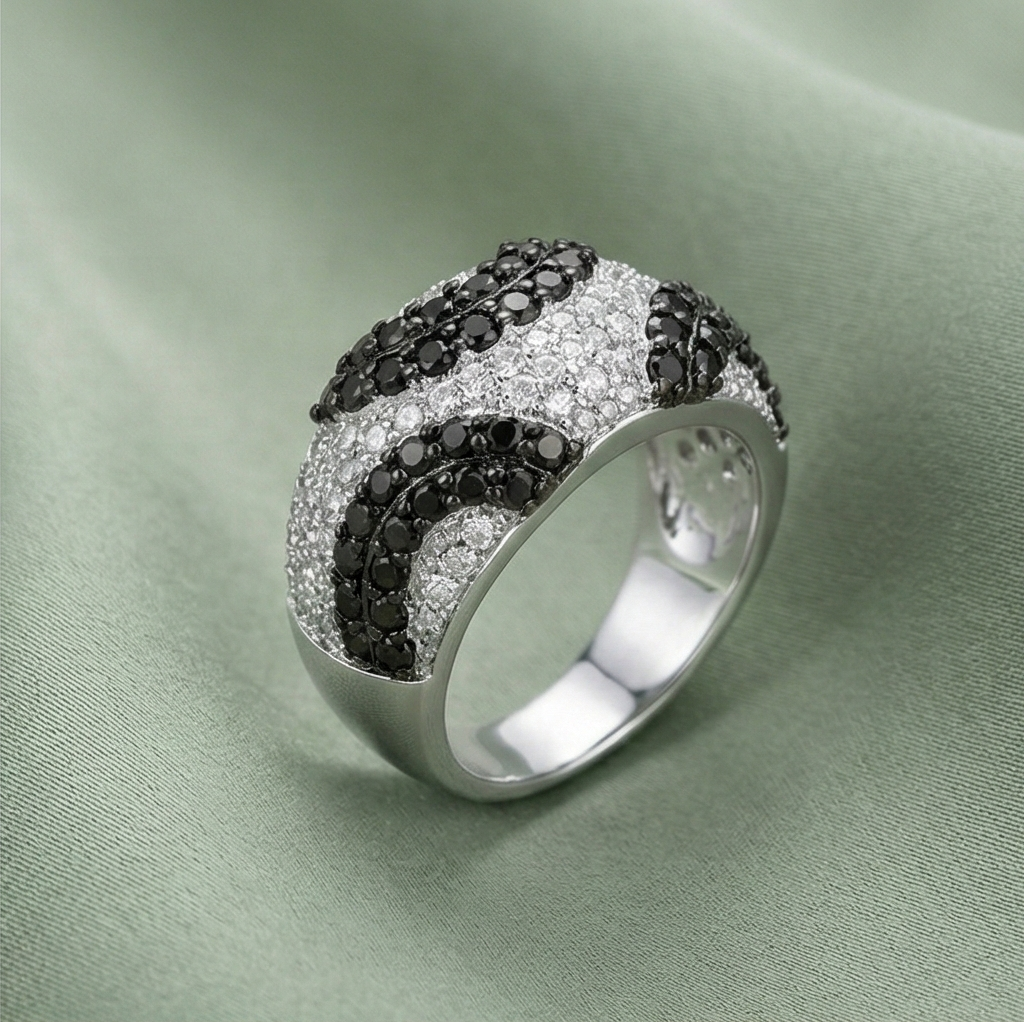 925 Sterling Silver Black & White Swirl Pattern Dome Ring High Polish Rhodium Jewellery | Size 6