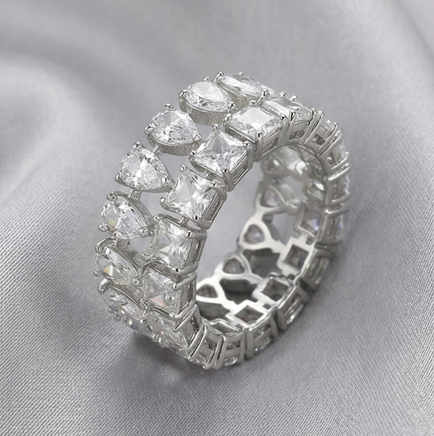 925 Sterling Silver Double Row Statement Ring High Polish Rhodium Finish Elegant Jewellery for Women