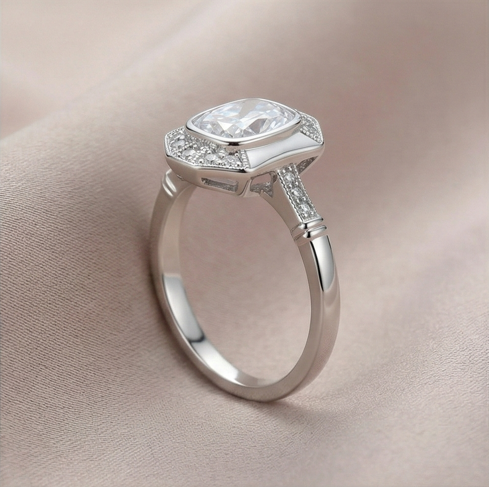 925 Sterling Silver Vintage Art Deco Halo Ring High Polish Rhodium Finish Classic Jewellery | Size 6