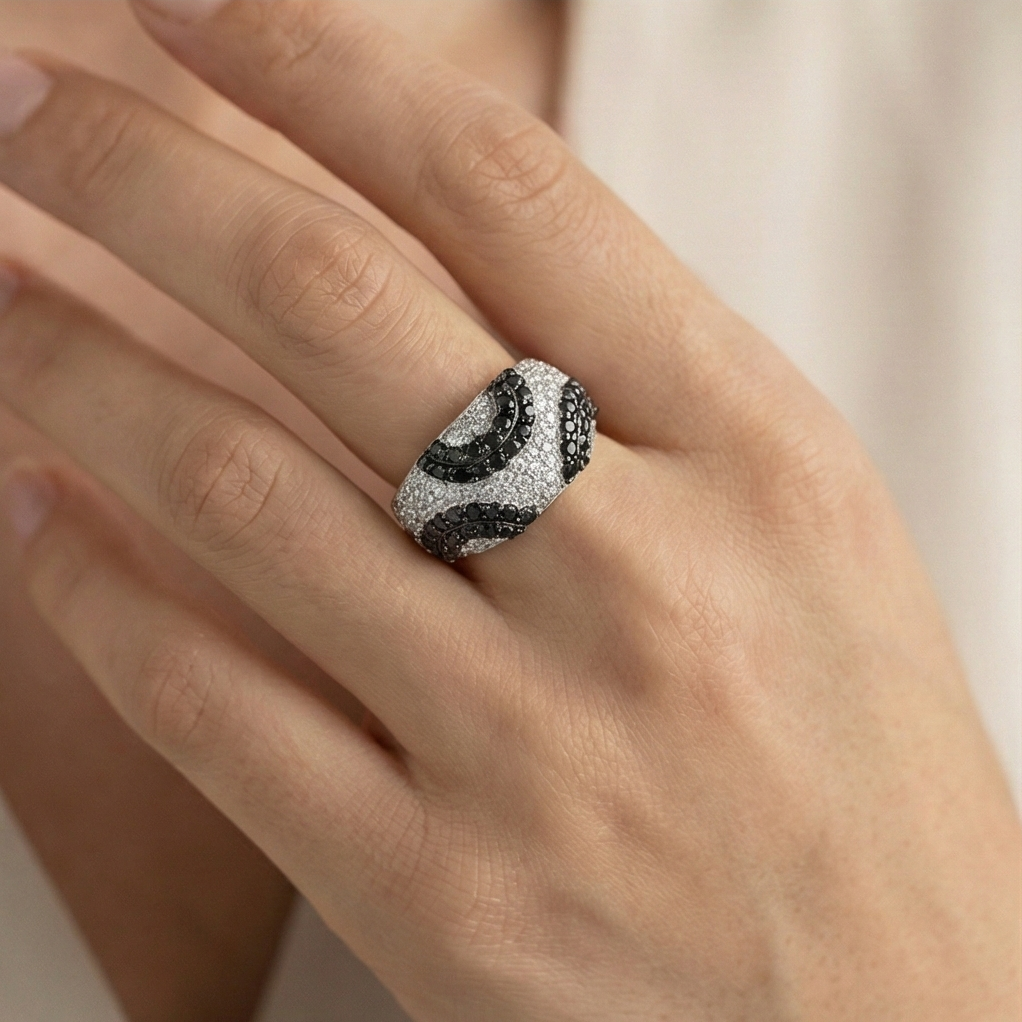 925 Sterling Silver Black & White Swirl Pattern Dome Ring High Polish Rhodium Jewellery | Size 6