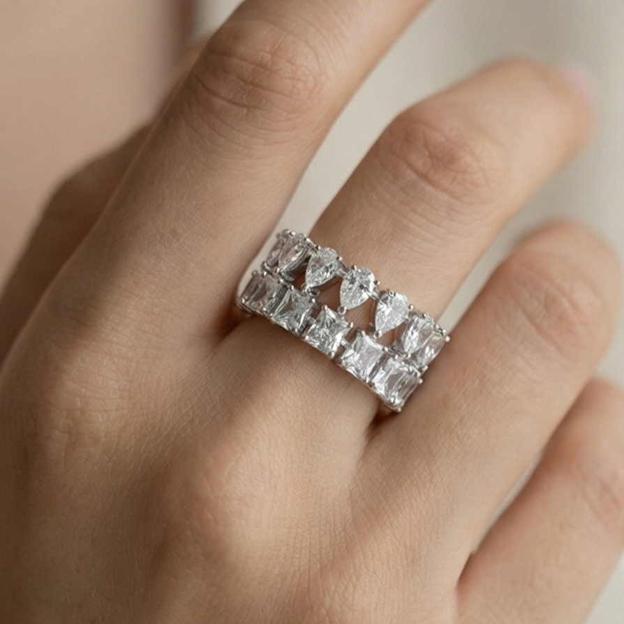 925 Sterling Silver Double Row Statement Ring High Polish Rhodium Finish Elegant Jewellery for Women