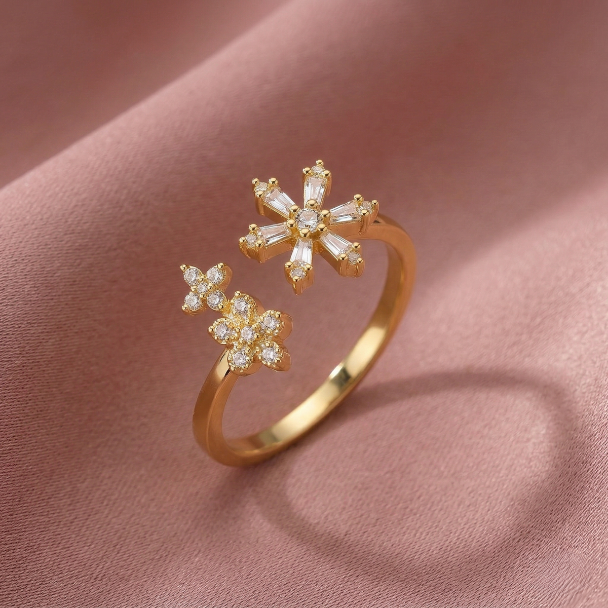 925 Sterling Silver Clear Snowflake Open Ring Yellow Gold Finish Jewellery for Women | Size 6