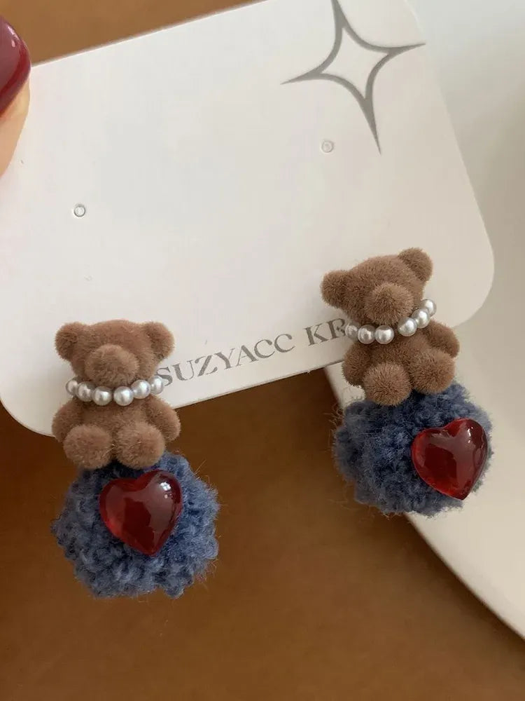 Teddy Bear Heart Drop Earrings – Cute Plush Statement Jewellery M1049