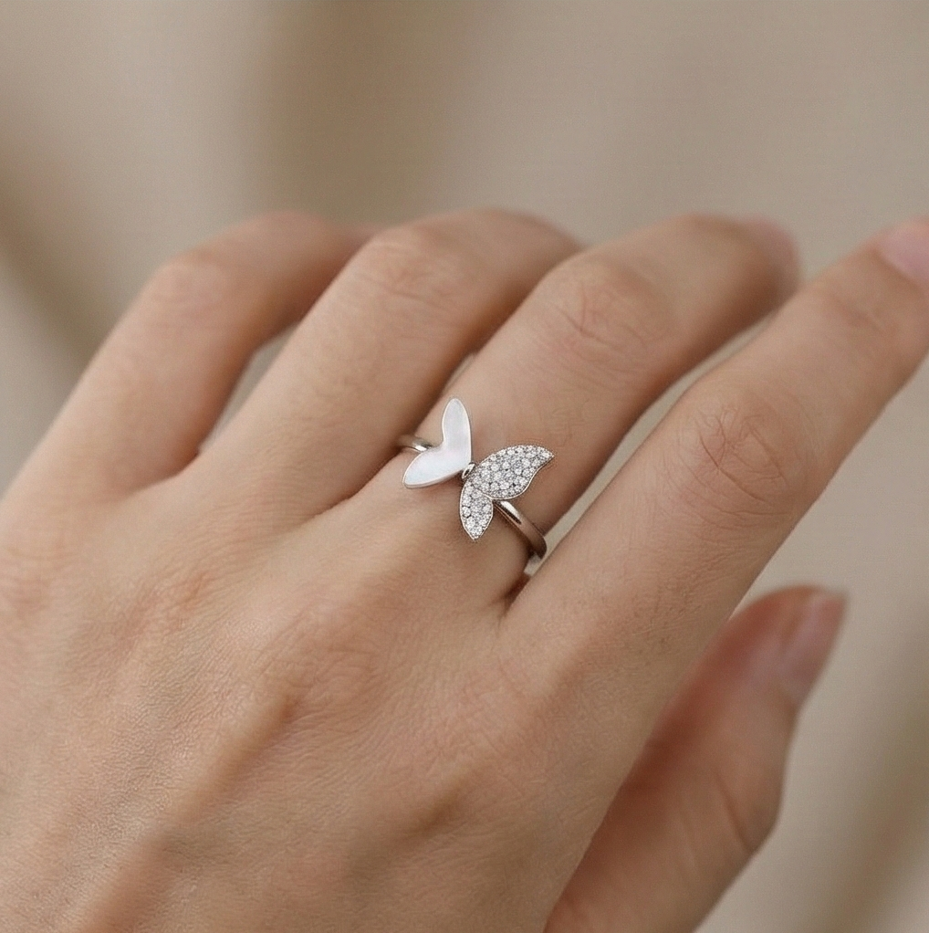 925 Sterling Silver Asymmetrical Butterfly Ring Jewellery for Women & Girls- High Polish Rhodium Finish