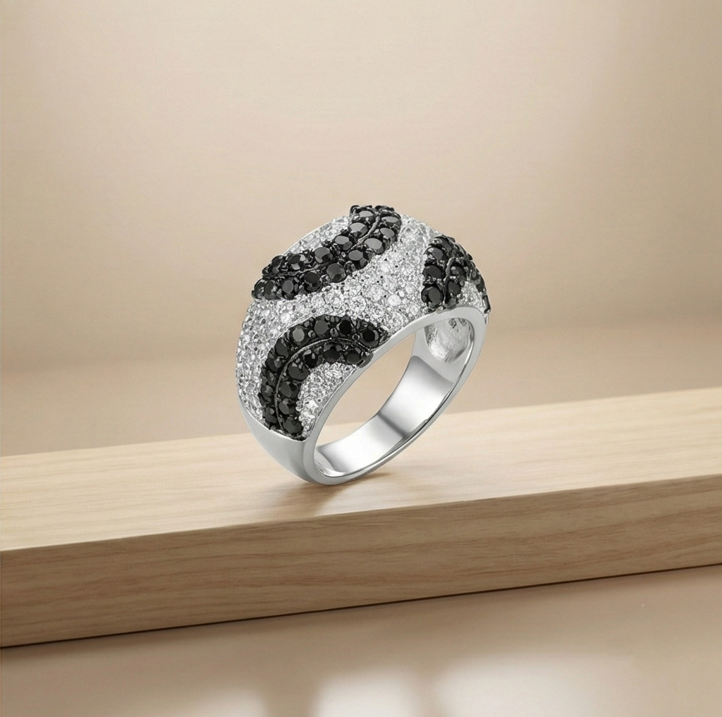 925 Sterling Silver Black & White Swirl Pattern Dome Ring High Polish Rhodium Jewellery | Size 6