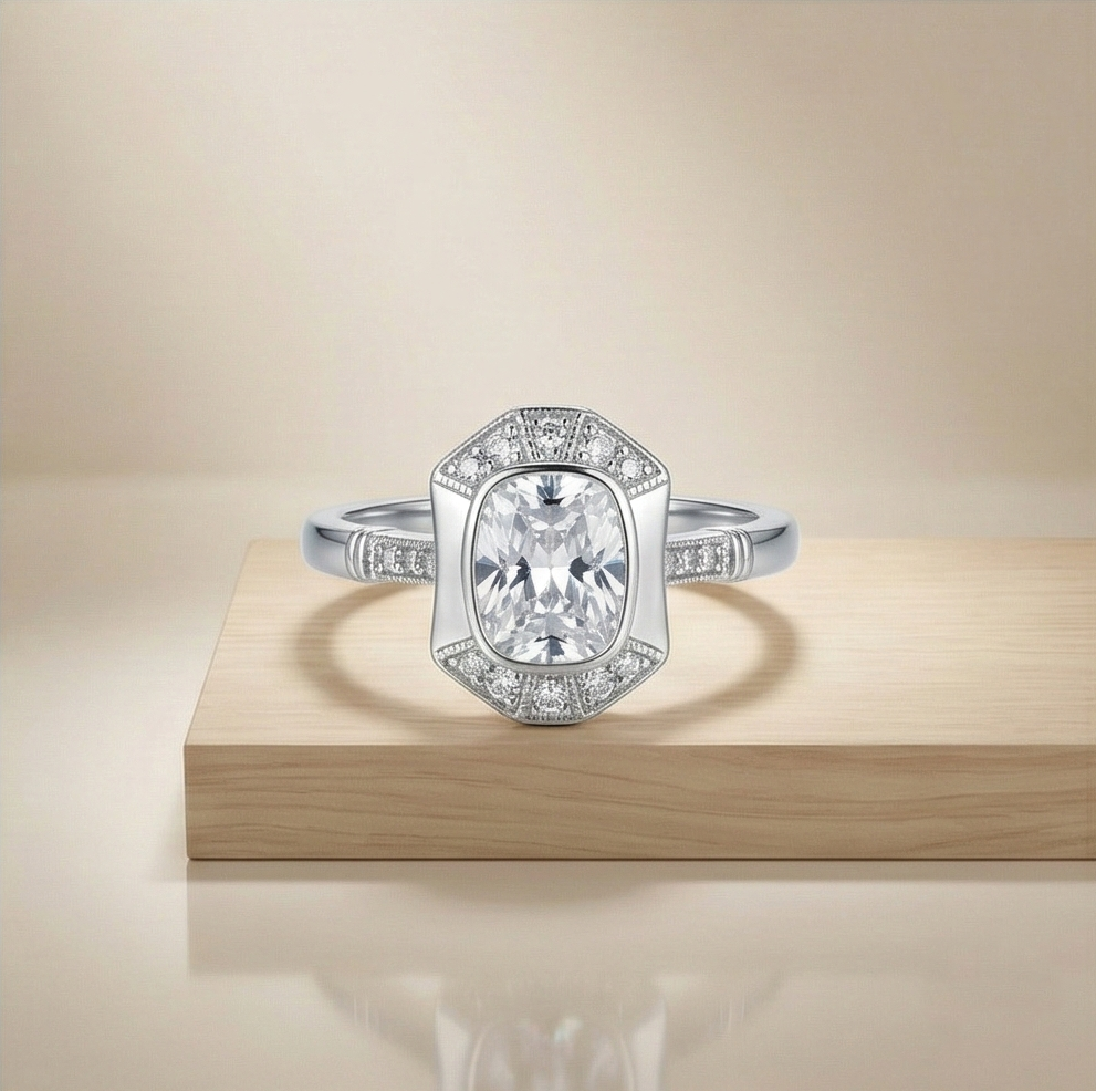 925 Sterling Silver Vintage Art Deco Halo Ring High Polish Rhodium Finish Classic Jewellery | Size 6