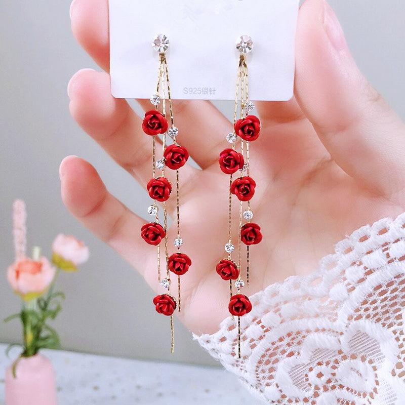 Korean Red Rose Long Chain Drop Earrings for Women | Elegant Floral Statement Earrings - M38