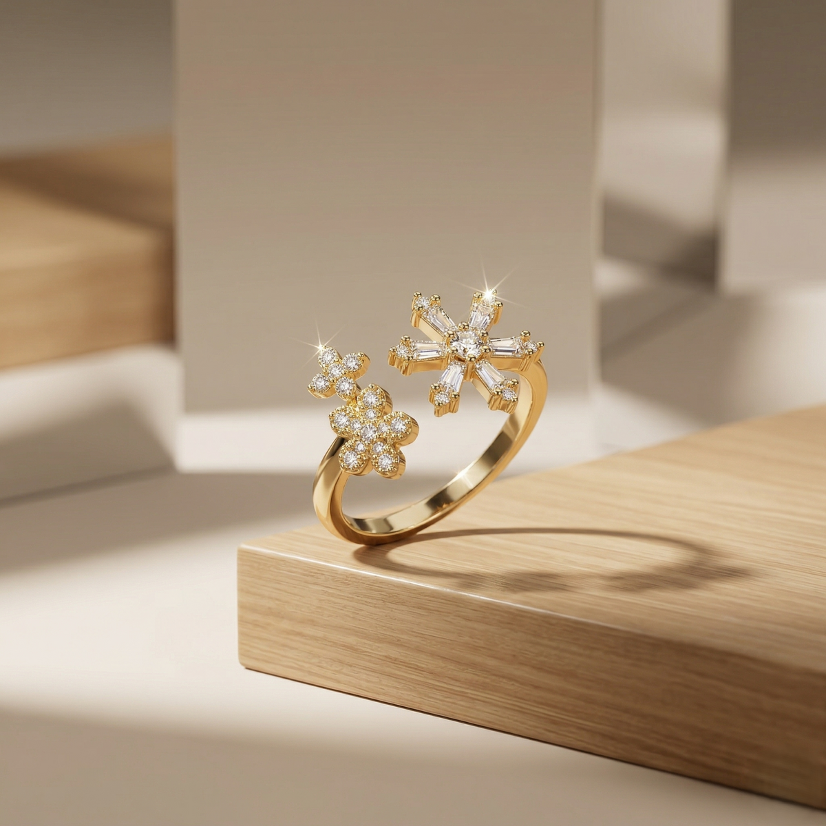 925 Sterling Silver Clear Snowflake Open Ring Yellow Gold Finish Jewellery for Women | Size 6