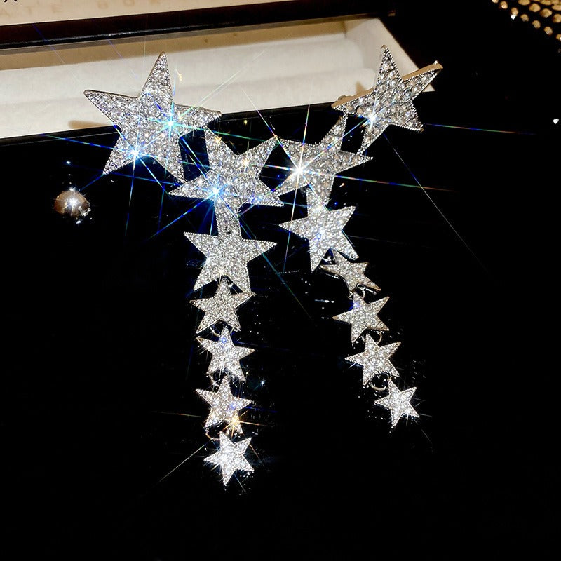 Advanced pentagonal star long tassel silver needle earrings European and American light luxury niche temperament earrings for wo