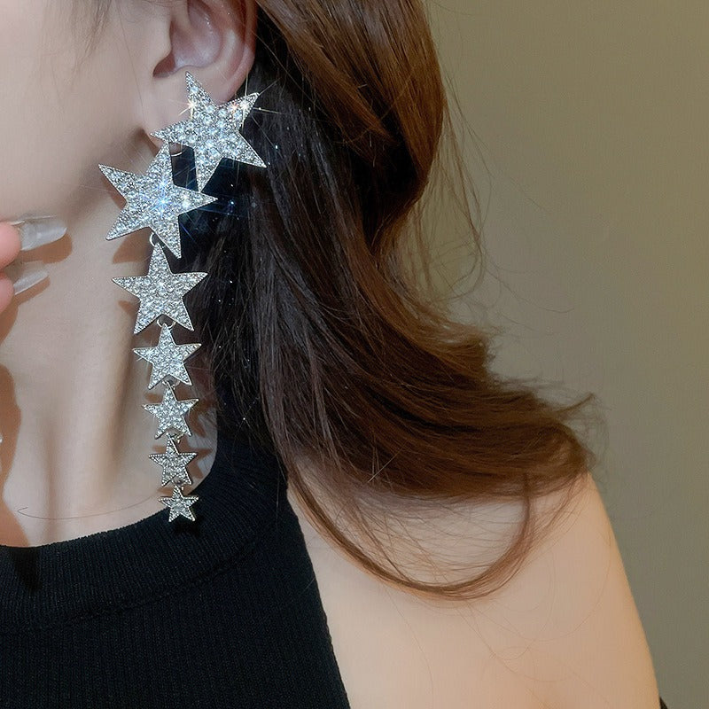 Advanced pentagonal star long tassel silver needle earrings European and American light luxury niche temperament earrings for wo
