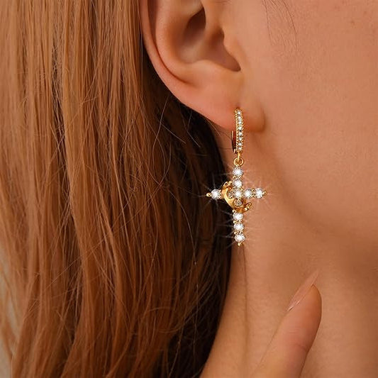 Rotating Crown Cross Earrings Set with Zircon