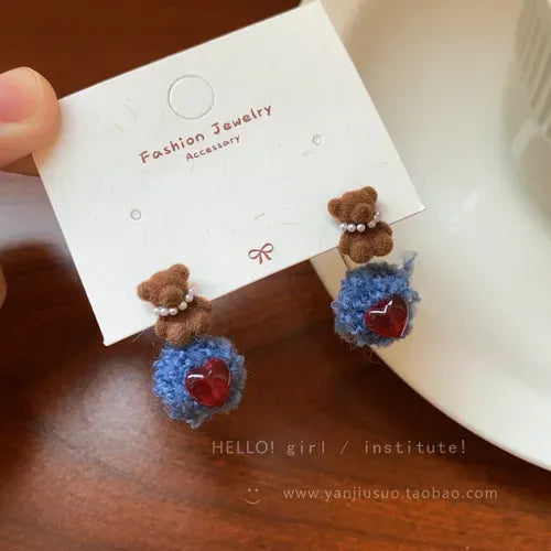 Teddy Bear Heart Drop Earrings – Cute Plush Statement Jewellery M1049