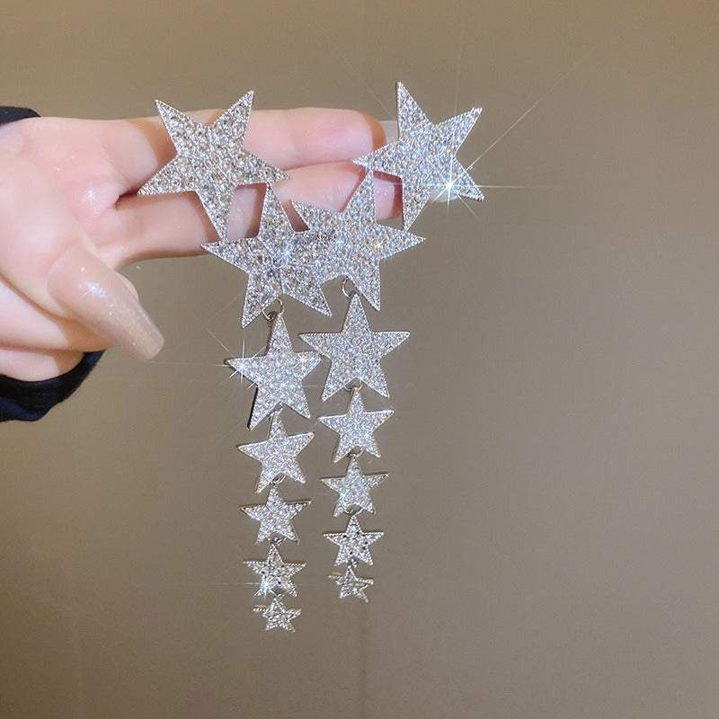 Advanced pentagonal star long tassel silver needle earrings European and American light luxury niche temperament earrings for wo