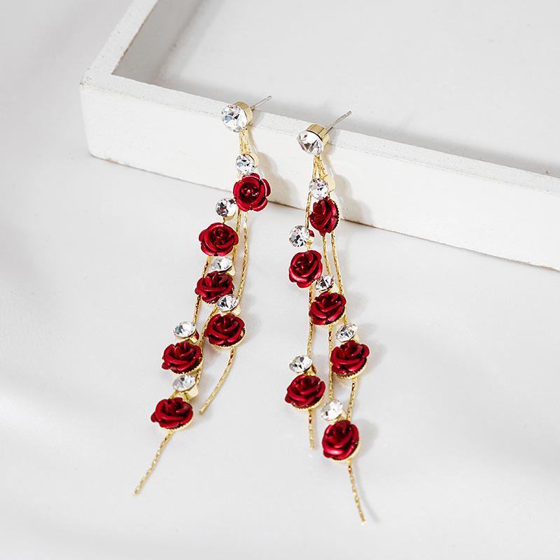 Korean Red Rose Long Chain Drop Earrings for Women | Elegant Floral Statement Earrings - M38