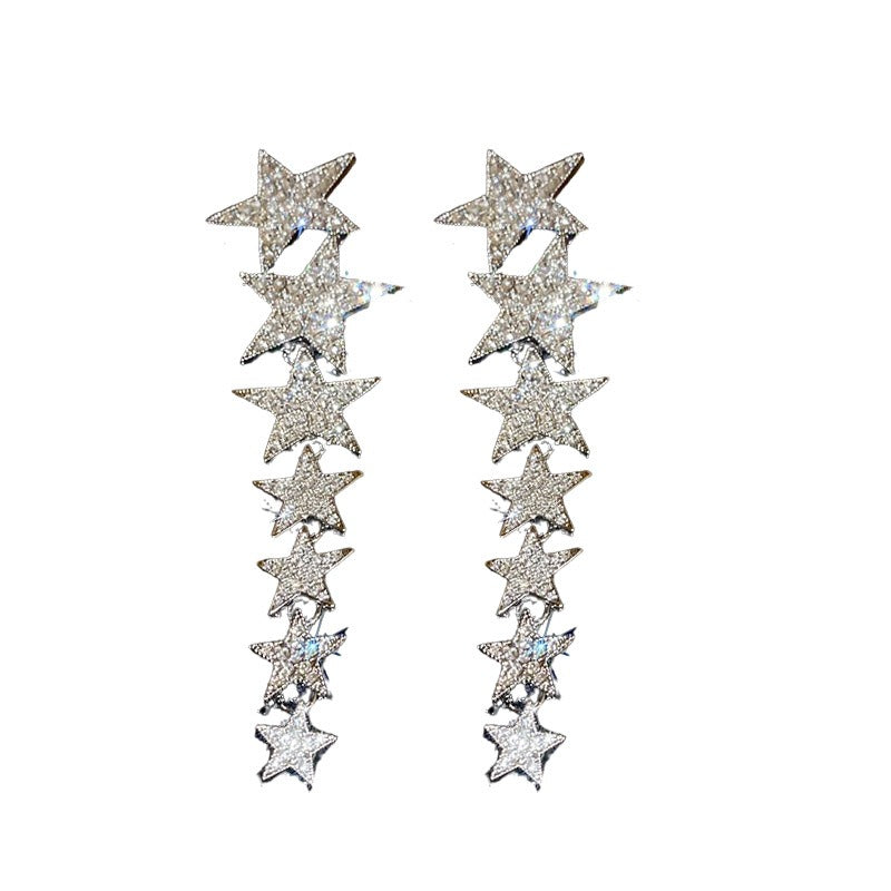 Advanced pentagonal star long tassel silver needle earrings European and American light luxury niche temperament earrings for wo