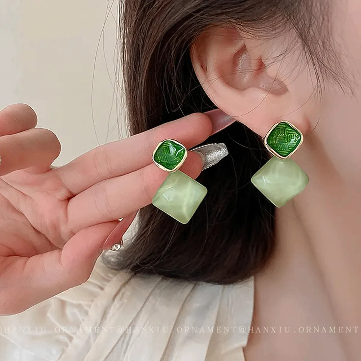Korean Shiny Light Green Drop Dangle Earrings for Women- M321