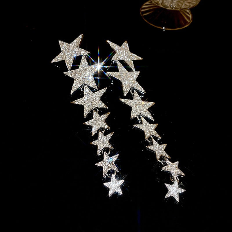 Advanced pentagonal star long tassel silver needle earrings European and American light luxury niche temperament earrings for wo
