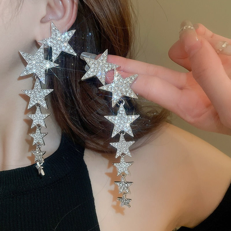 Advanced pentagonal star long tassel silver needle earrings European and American light luxury niche temperament earrings for wo