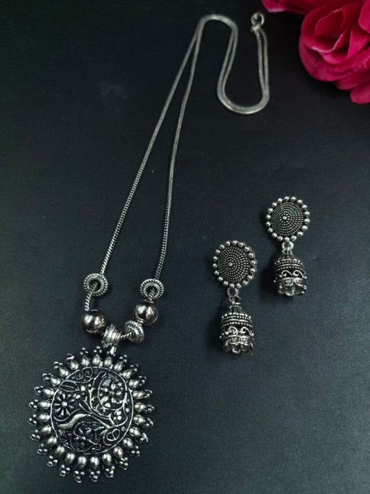 Floral Art Oxidised Pendant Necklace Set with Jhumka Earrings