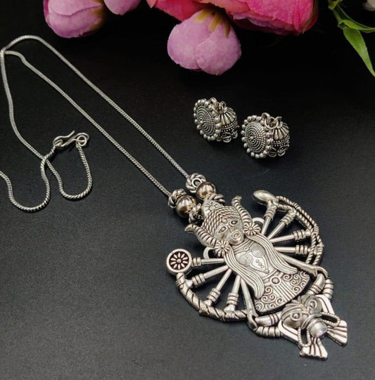 Divine Devi Motif Oxidised Chain Necklace with Jhumka Earrings