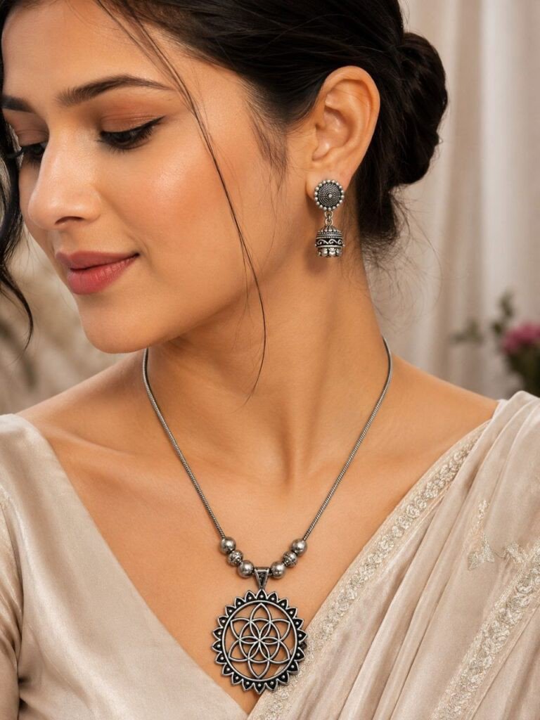 Flower of Life Sunburst Silver-Plated Oxidised Necklace with Jhumka Earrings
