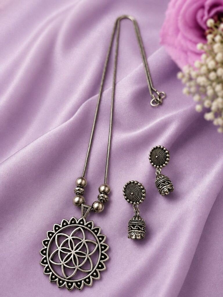 Flower of Life Sunburst Silver-Plated Oxidised Necklace with Jhumka Earrings