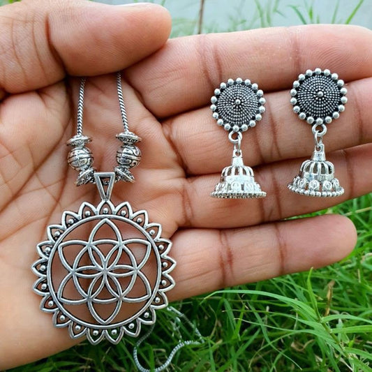 Flower of Life Sunburst Oxidised Necklace Set - in hand