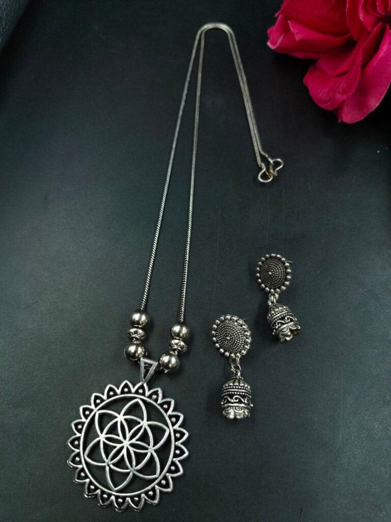 Flower of Life Sunburst Silver-Plated Oxidised Necklace with Jhumka Earrings