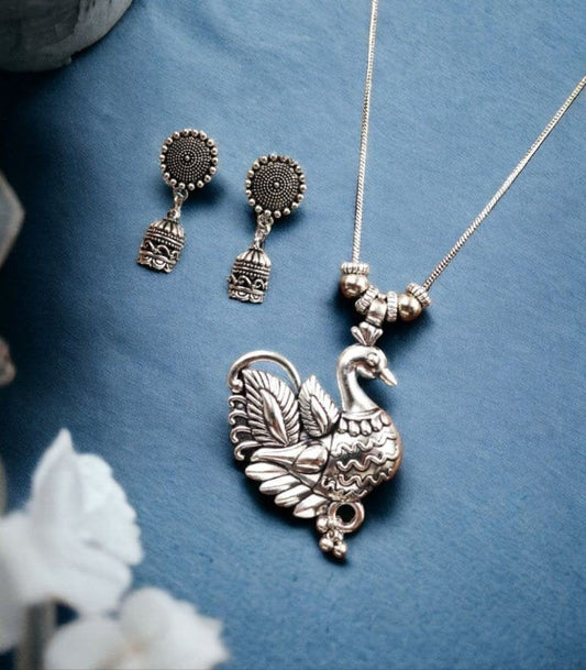 Swan Motif German Silver Pendant Necklace with Jhumka Earrings
