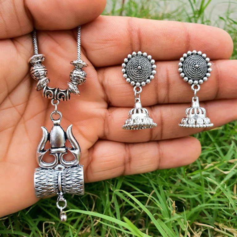 Mahadev Trishul Oxidised Chain Necklace with Jhumka Earrings