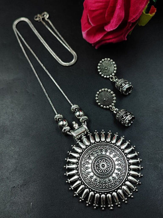 Sunburst Floral German Silver Pendant Necklace Set with Jhumka Earrings