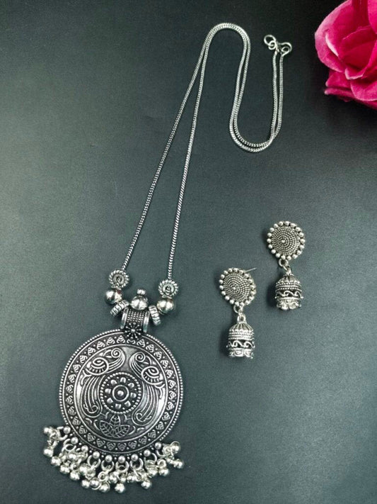 Floral Peacock Ghungroo Oxidised Necklace Set with Jhumka Earrings