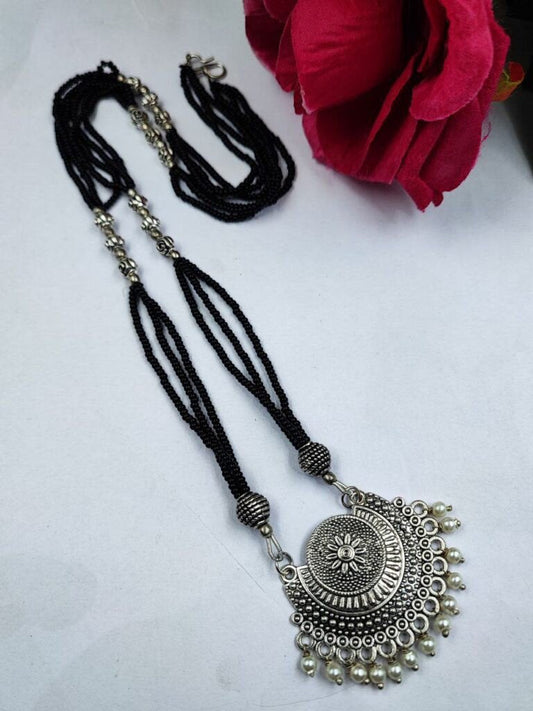 Heritage Black Bead Mangalsutra-Style Necklace with Oxidised Floral Pendant