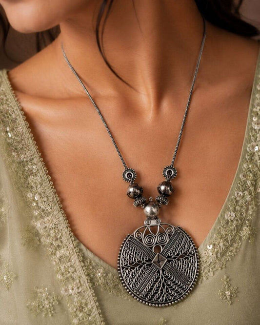 Silver Mesh Disc Pendant Necklace