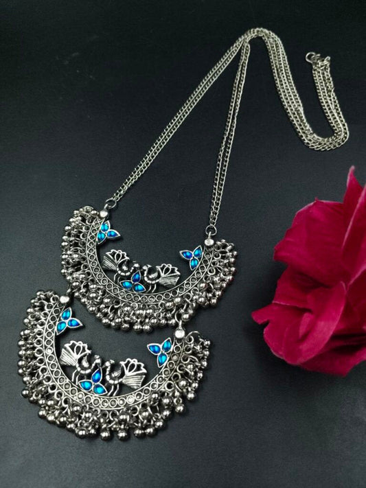 Handcrafted Double-Tier Peacock Statement Necklace - blue stone work