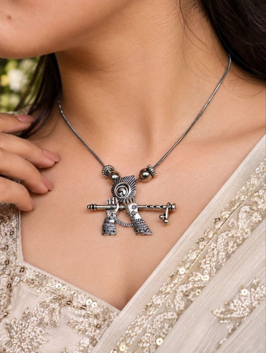 Krishna Bansuri-Inspired Oxidised Silver Pendant Necklace