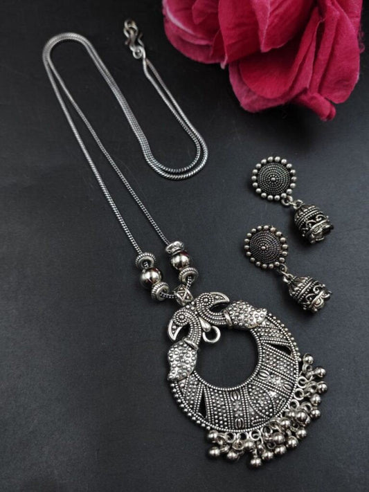 Royal Peacock Crescent Oxidised Pendant Necklace Set with Jhumka Earrings