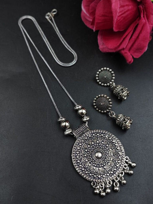 Mandala Disc German Silver Long Necklace Set with Jhumka Earrings