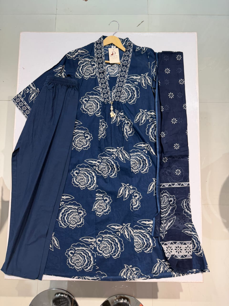 Navy Blue Floral Printed Pure Cotton Suit for Women
