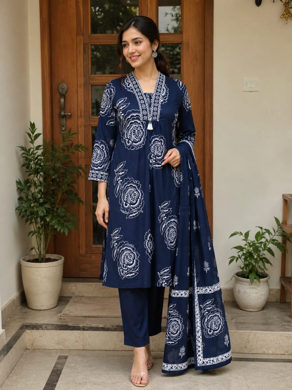 Navy Blue Floral Printed Pure Cotton Suit for Women