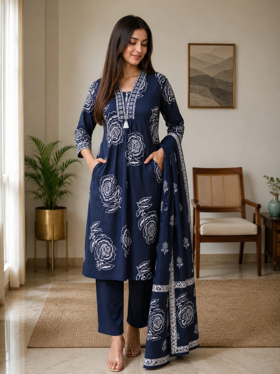 Navy Blue Floral Printed Pure Cotton Suit for Women