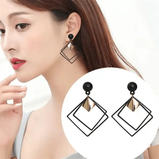Black Geometric Square Dangle Earrings