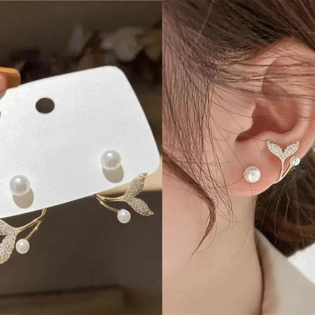 Pearl Fish Tail Stud Earrings, view 3