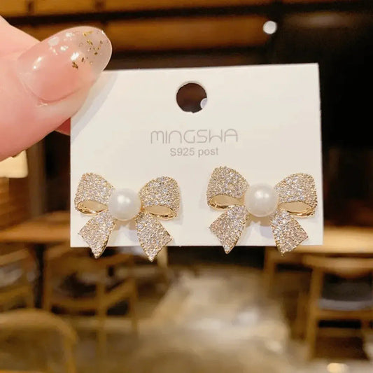Crystal Pearl Bow Stud Earrings