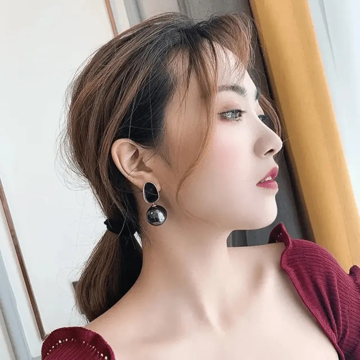 Black Oval Pearl Drop Earrings, view 2