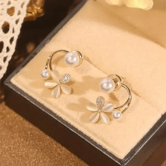 Pearl Flower Open Hoop Earrings