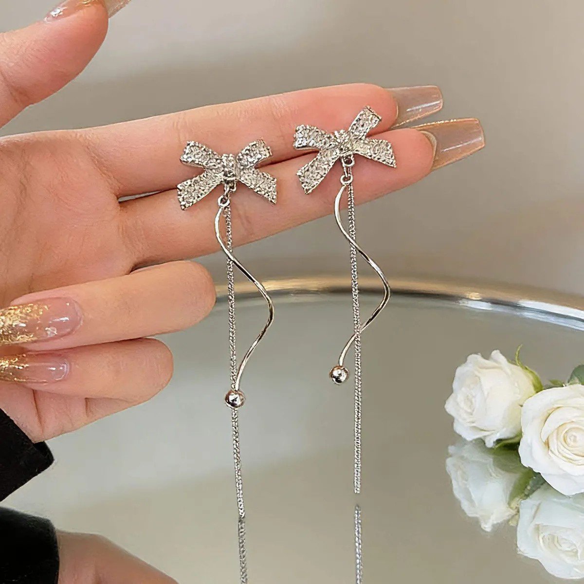 Crystal Bow Long Chain Earrings for women