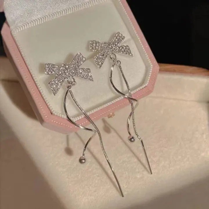 Crystal Bow Long Chain Earrings, view 2