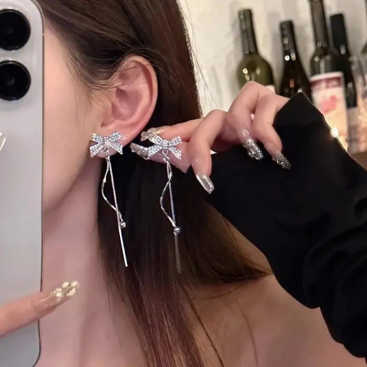 Crystal Bow Long Chain Earrings, view 3